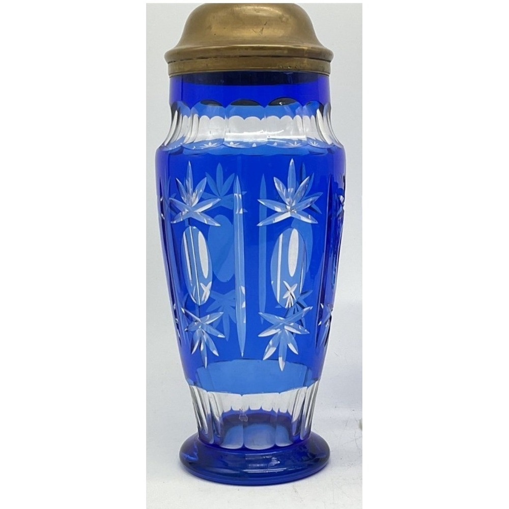 Vintage Cocktail Shaker Czech Cut to Clear Bohemian Art Glass Cobalt 10.5 " Blue